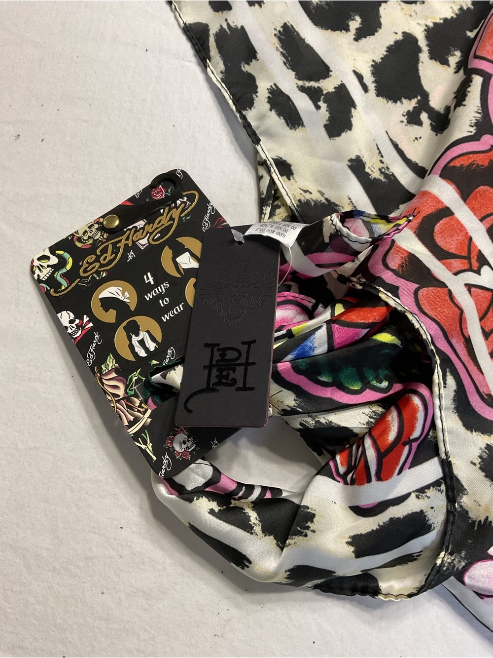 C Ed Hardy Leopard Skull & Rose Print Scarf in Black, White, Pink, Red - Picture 6 of 6